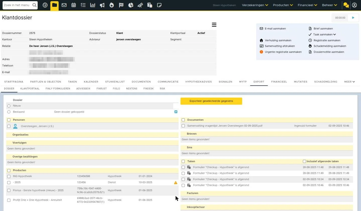 Tabblad Export: gegevens selecteren en exporteren naar onder meer klantportaal, Finly, Adviesbox, FinRust, Figlo, Nextens, Findesk en Risk