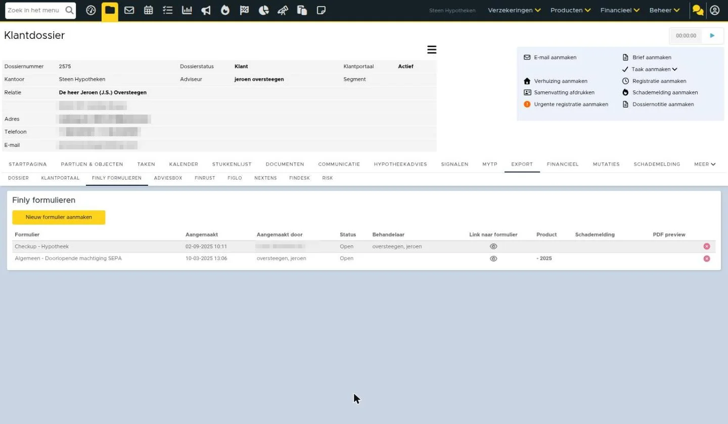 Export > Finly formulieren: nieuw formulier aanmaken en de status van verstuurde formulieren