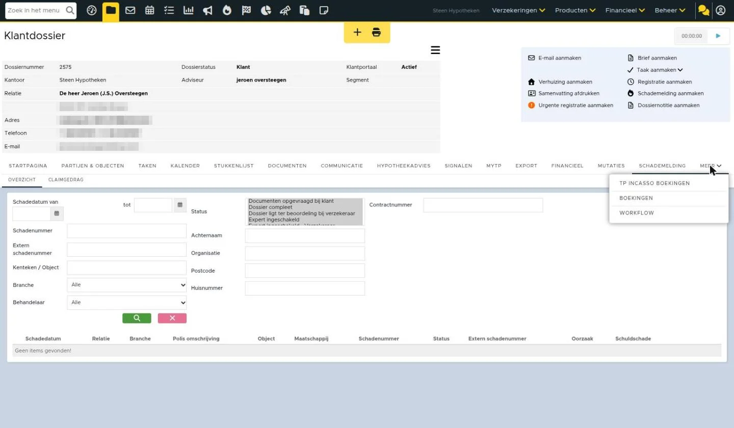 De dossiertabbladen met het uitgeklapte menu Meer (TP incasso boekingen, Boekingen, Workflow)