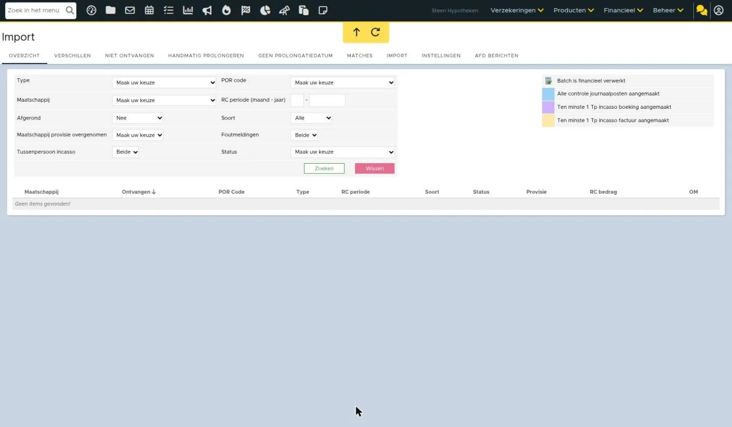 Financieel > Prolongaties > Prolongatie import: overzicht van ingelezen batches met filters en statuskleuren