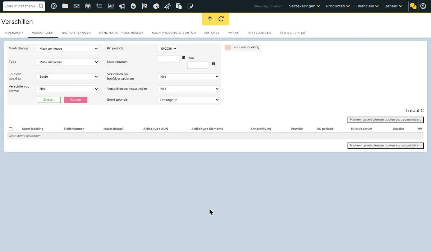 Prolongaties > tabblad Verschillen: verschillen tussen ADN en eBlinqx Connect controleren