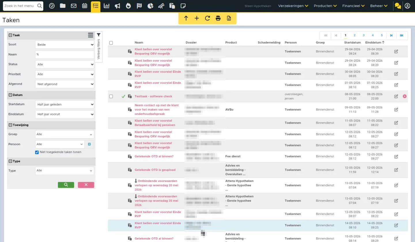 Het takenoverzicht (takenicoon bovenin): filters links, alle taken met dossier, product en persoon
